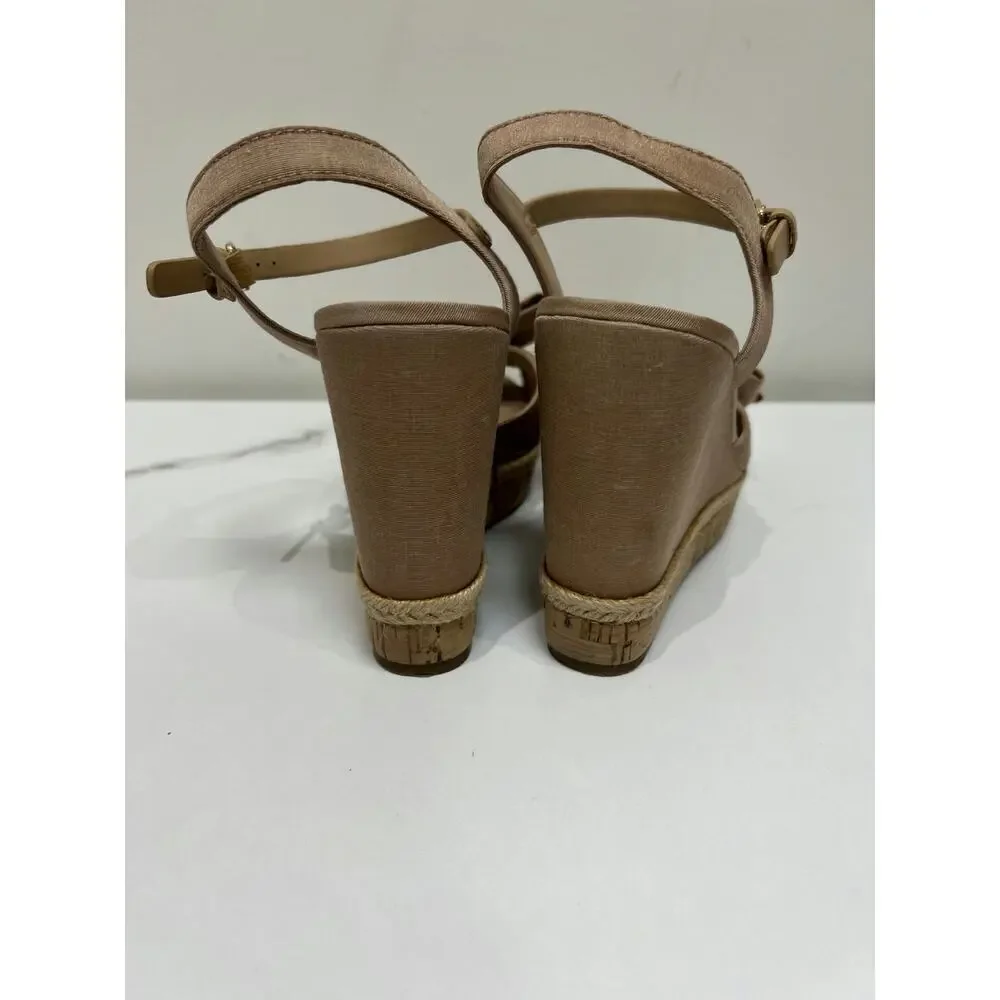 Tory Burch Beige Wedge Espadrilles with Bow Detail and Ankle Strap